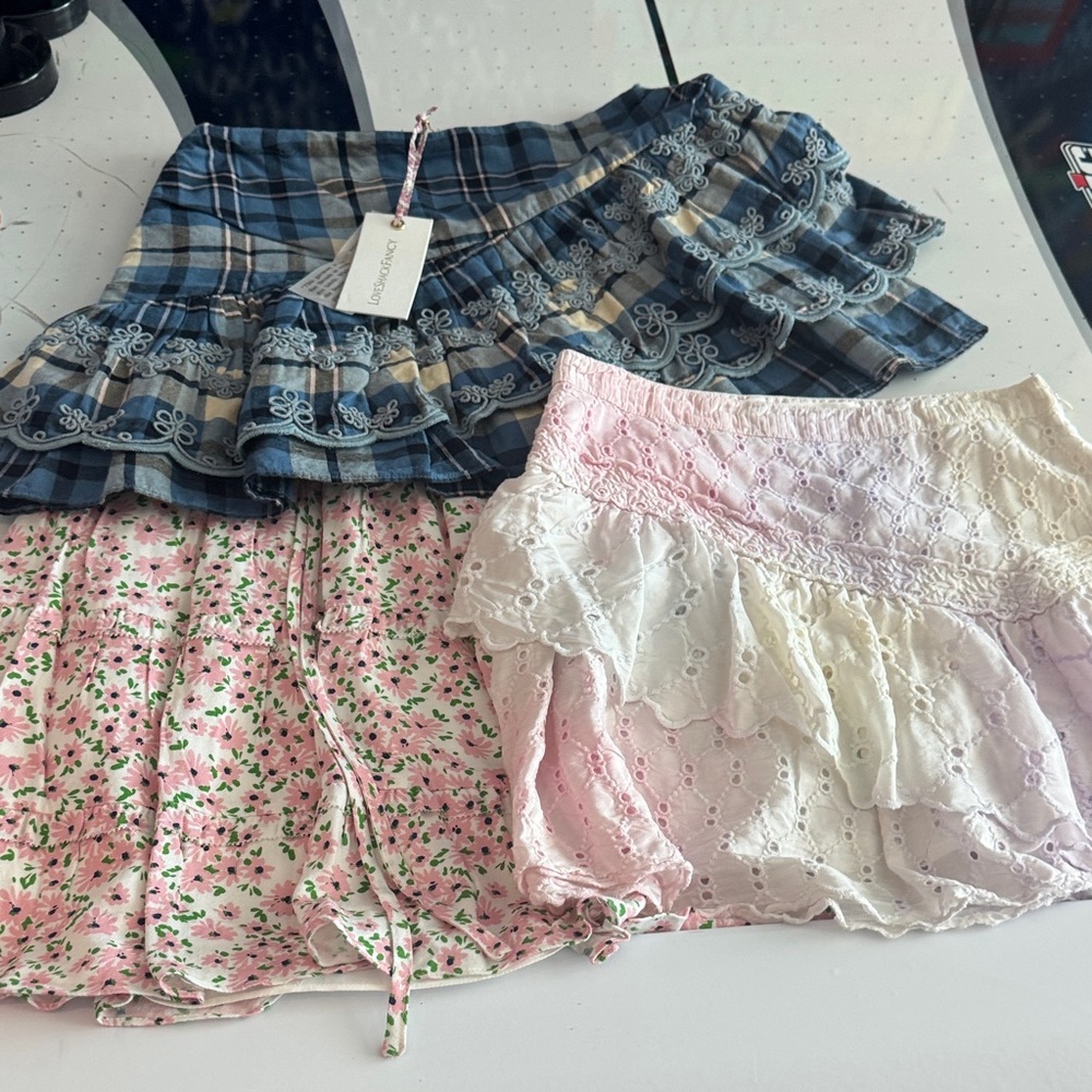 LoveShackFancy Blue Plaid and Pink Floral Mini Skirts